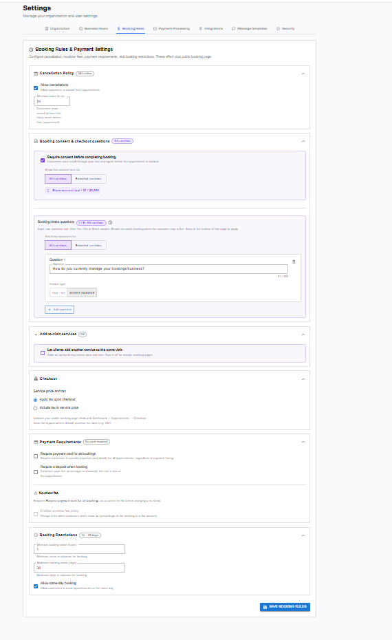 Booking Rules page overview